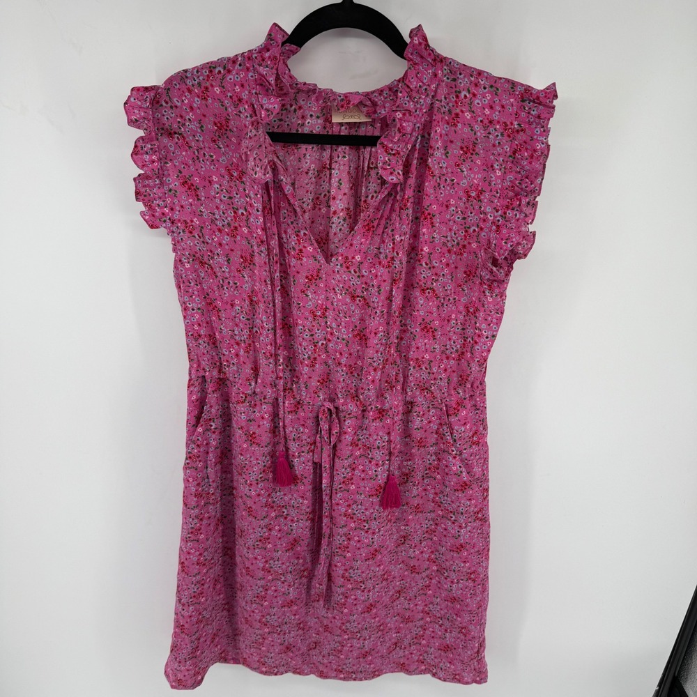 Rungolee Pink Floral Ruffle Mini Dress Tassel Tie Waist V-Neck Pockets Womens M